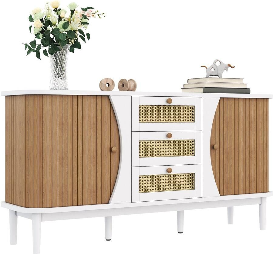 Merax Sideboard met Rattan Lades Commode met Schuifdeuren Kast 140 5 x 40 x 76 cm Wit
