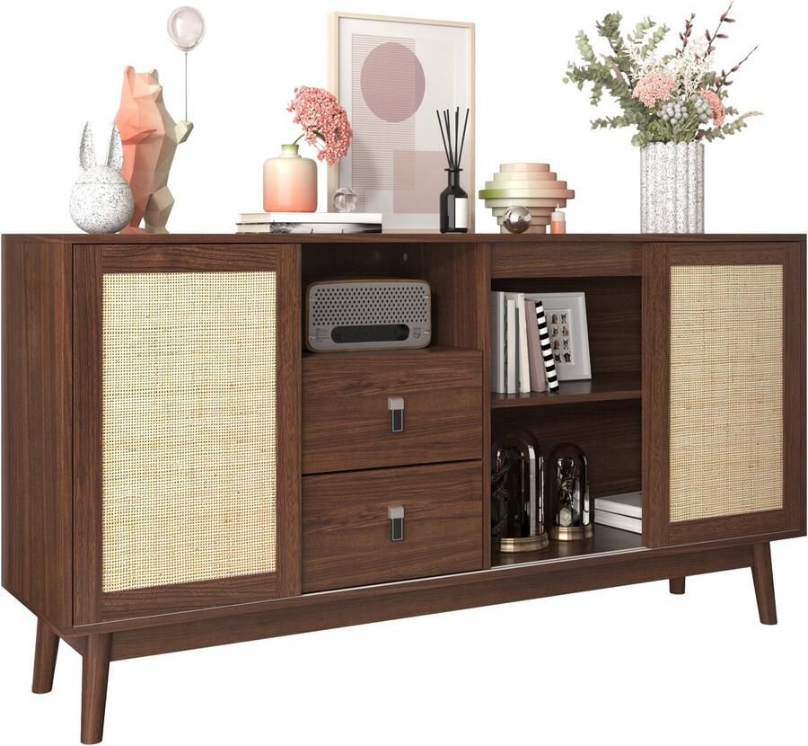 Merax Dressoir Houten Sideboard met Rattan Schuifdeuren en Laden 155x38x80 cm Met Massiefhouten Poten Opbergkast voor Woonkamer Slaapkamer of Eetkamer