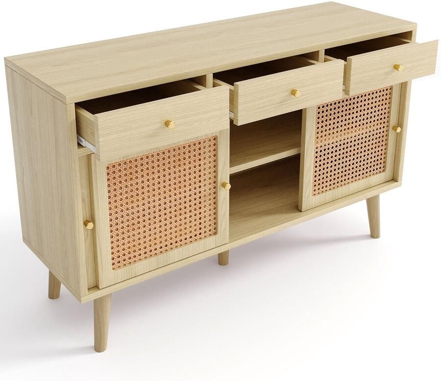 Merax Dressoir met Rotan Deuren – 120 cm – Retro Opbergkast met 3 Schuifdeuren 3 Lades en Massiefhouten Poten – Rattan Sideboard – Eiken – 120x40x78 cm