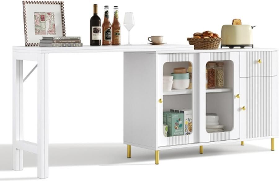 Merax Wit Sideboard – 116x40x78 5 cm – Buffetkast met Uitschuifbare Tafel Glazen Schuifdeuren & Gouden Poten – Moderne Opbergkast voor Keuken of Eetkamer – MDF