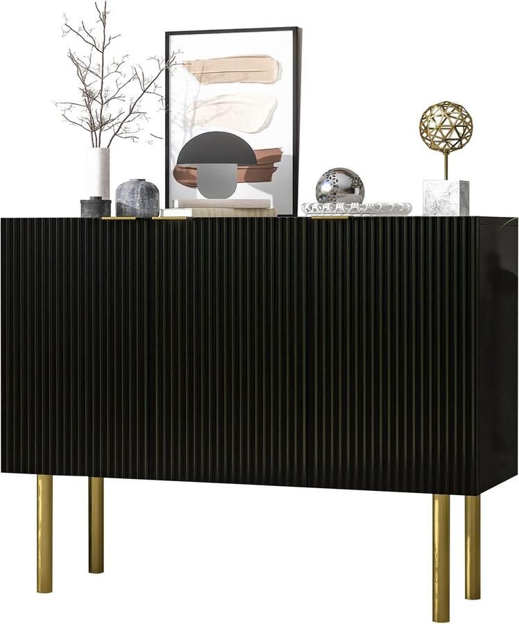 Merax Zwart Dressoir met Verstelbare Planken en Gouden Metalen Poten – Moderne Opbergkast 120 x 42 x 93 cm – Luxe Buffetkast voor Woonkamer Keuken of Eetkamer