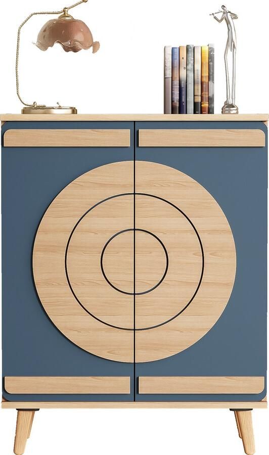 Merax Dressoir – Moderne Opbergkast 76x37x98 5 cm – Houten Kast met 2 Deuren en Rond Design – Blauwgrijs met Hout Bruin