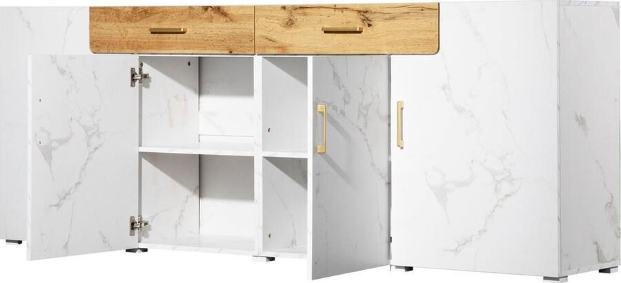 Merax Dressoir – Opbergkast met 4 Deuren en 2 Lades 208 x 39 5 x 80 cm – Modern Design voor Woonkamer Slaapkamer of Keuken (Wit Eiken)