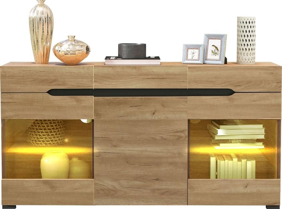 Merax Moderne LED Sideboard Kast 140 cm Eiken 3 Deuren 3 Lades Stijlvolle Opbergoplossing voor jouw Woonkamer