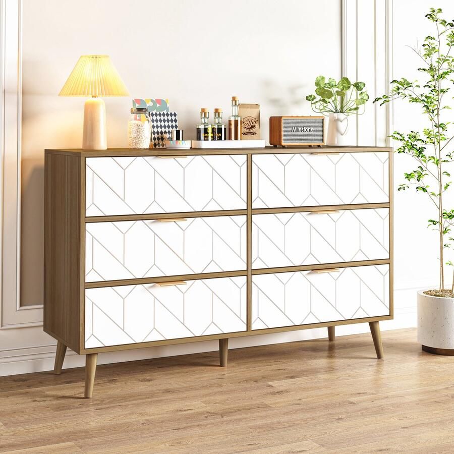 Merax Dressoir Walnoot met Witte Accenten 6 Lades en Stijlvol Design met Gouden Handgrepen en Massief Houten Poten 120x39.5x80.7 cm