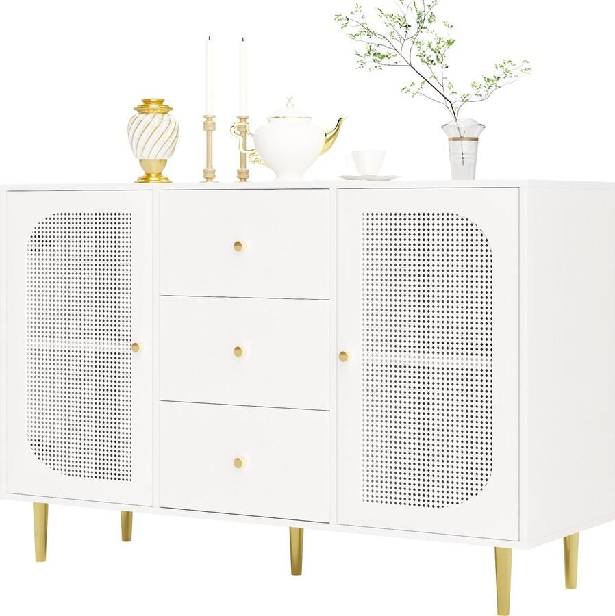 Merax dressoir wit 120x40x90 cm – houten kast met rattan deuren lades en opbergruimte – multifunctioneel voor woonkamer keuken en slaapkamer