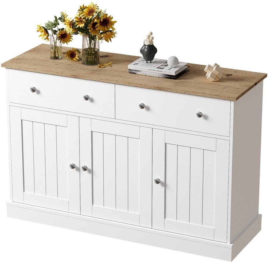 Merax Dressoir Wit met Houtlook Bruin – 120 cm – Sideboard met 3 Deuren en 2 Lades – Gegraveerde Textuur – Modern Opbergkast – 120x36x80 5 cm