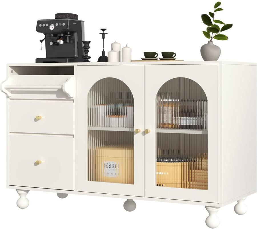 Merax Dressoir Wit Sideboard 120x40x75 5 cm Met Glazen Deuren Handdoekhouder Modern Opbergkast Voor Keuken Eetkamer