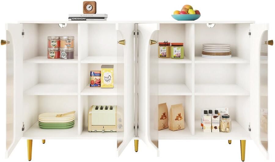 Merax Dressoir Wit Sideboard 140x40x85 cm Met Golvende Glazen Schuifdeuren Gouden Details en Veel Opbergruimte Geschikt voor Woonkamer Eetkamer of Keuken