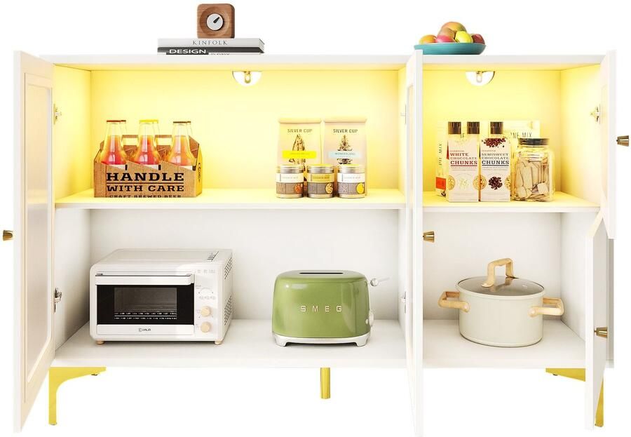 Merax Dressoir Wit Sideboard met Glazen Deuren en LED-verlichting 140x40x90 cm Met Gouden Details Modern Opbergkast Voor Eetkamer of Woonkamer