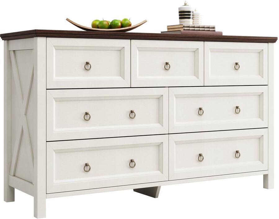 Merax Dressoir Wit Vintage Ladekast Met 7 Lades Walnootkleurig Bovenblad 137x40x79 cm