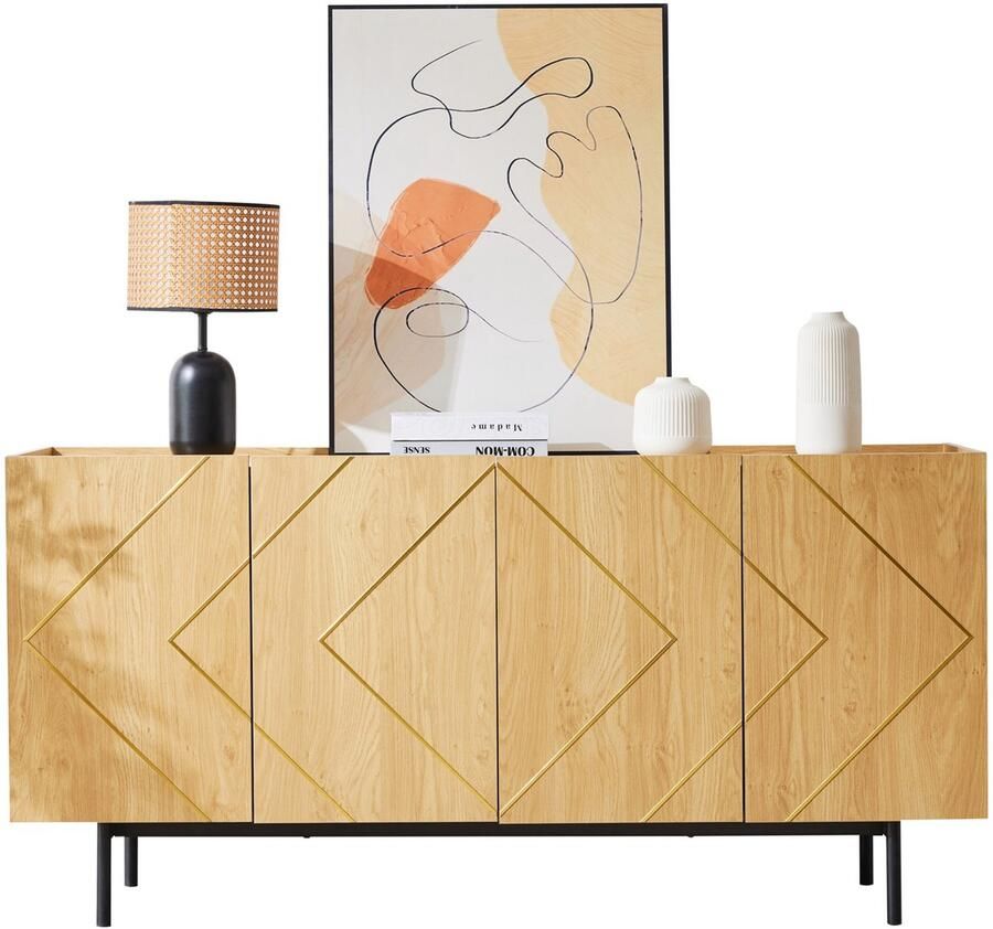 Merax Dressoir Woonkamer Buffetkast met 4 Deuren en Metalen Inleg Veelzijdige Ladekast Credenza Zijkast Staande Kast 160 x 40 x 78cm
