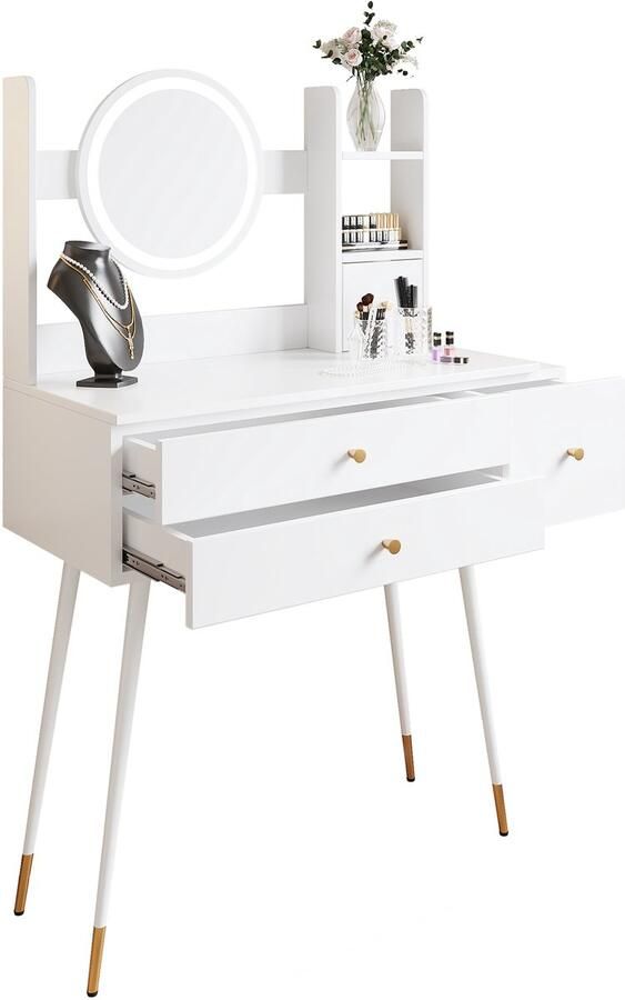 Merax Dressoir zonder stoel met spiegel om de helderheid aan te passen met 3 lades Premium dressoir met meerdere opbergruimtes wit