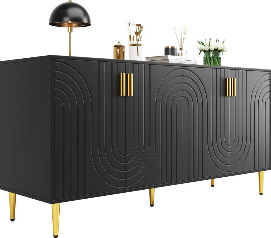Merax Zwart Design Dressoir met Gouden Accenten – 152x40x75 cm – Modern Wavedesign – 4 Deuren & 2 Lades – MDF – Luxe Opbergkast voor Woonkamer of Eetkamer