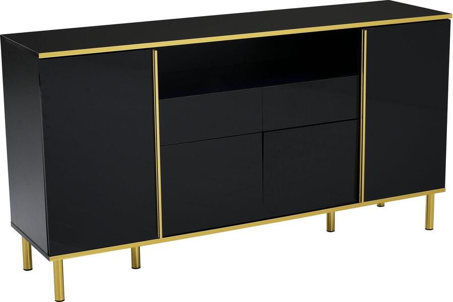 Merax Dressoir – Zwart Hoogglans Dressoir met 2 Lades en LED-Verlichting Luxe Schuifkast met Gouden Accenten – 150x40x80 cm