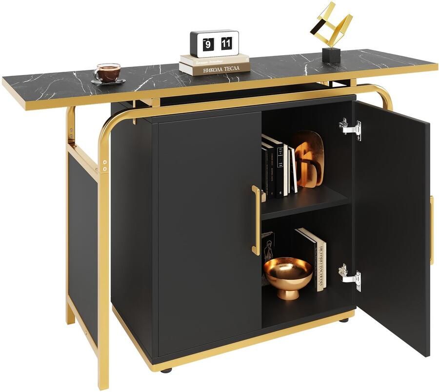 Merax Dressoir met Gouden Handgrepen – Luxe Kast met 2 Deuren – 140 x 29 5 x 80 cm – Zwart