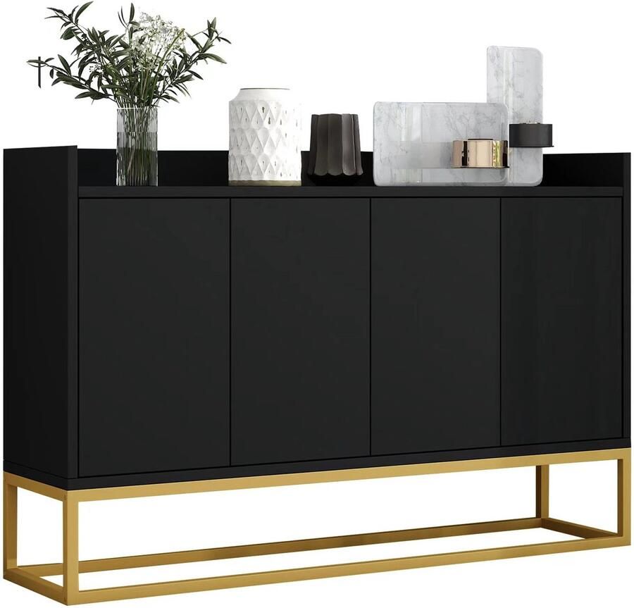Merax Dressoir Zwart Sideboard 120x30x80 cm 4 Deuren Greeploos Met Verstelbare Planken Voor Woonkamer Eetkamer Keuken
