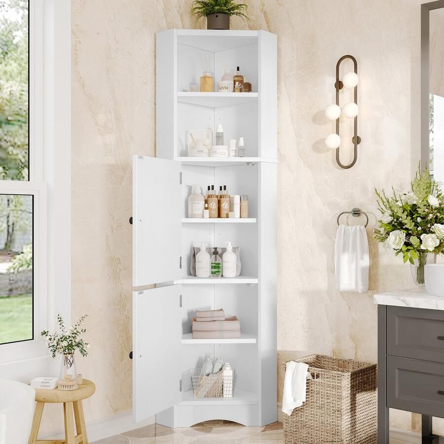 Merax Driehoekig badkamermeubel vochtbestendige verf twee open opbergvakken twee kastdeuren verstelbare tussenschotten wit