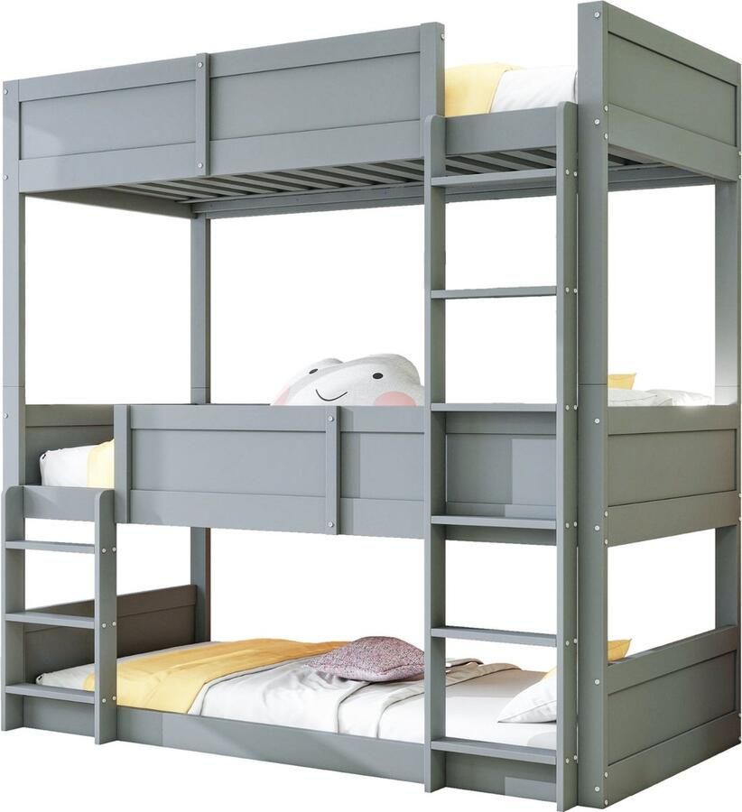 Merax Driepersoons Stapelbed 90x200 cm 3 Eenpersoonsbedden Massief Houten Kinderbed Grijs