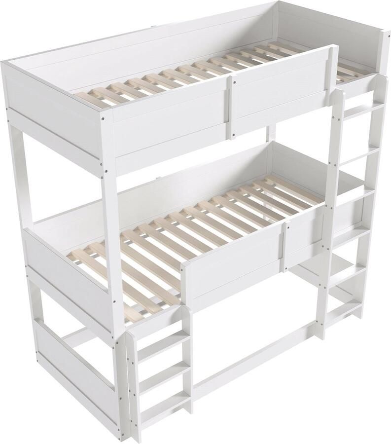 Merax Drievoudig Stapelbed 90x200 cm Massief Houten Kinderbed met Lattenbodems Stijlvol en Ruim Design Wit