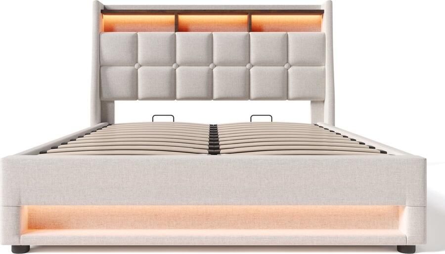 Merax bed 140x200 cm – gestoffeerd bed met USB-oplaadpunt LED-verlichting & metalen lattenbodem – linnen bekleding – inclusief matras