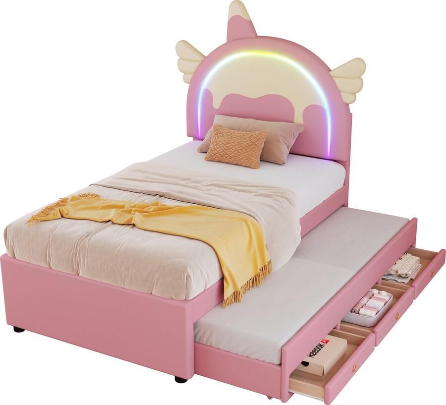Merax Eenhoorn Kinderbed 90x200 cm Unicorn Eenpersoonsbed voor Kinderen Kunstleer Gestoffeerd Bed met extra Uitschuifbaar Bed 90x190 cm Inclusief 3 Bedlades Roze