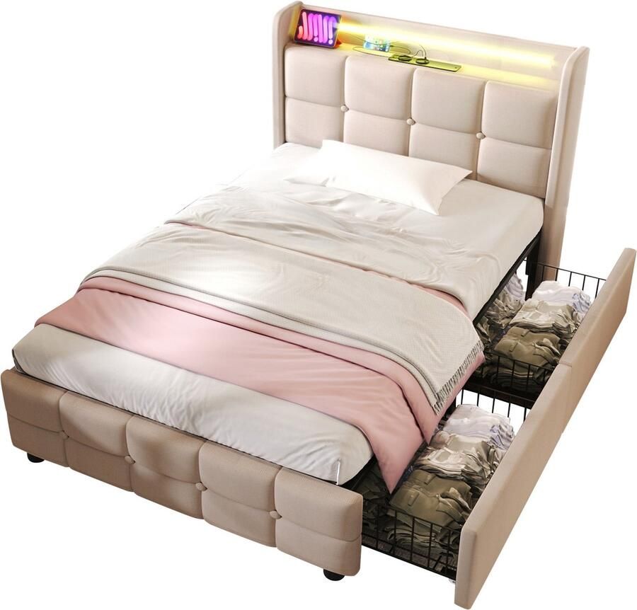 Merax Gestoffeerd Eenpersoonsbed met USB Oplaadfunctie LED-Verlichting en 2 Opberglades Eenpersoonsbed 90x200 cm Inclusief Matras Beige