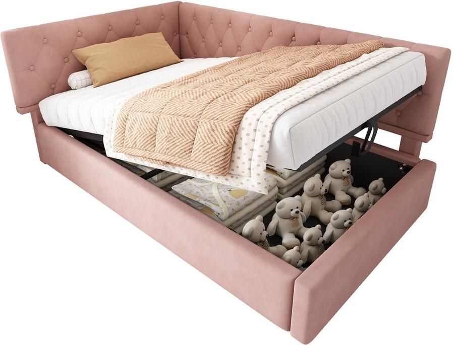 Merax Daybed 90×190 cm – Slaapbank met Hydraulische Opbergruimte – Kinderbed Jeugdbed met Houten Lattenbodem – Fluweel Roze – Zonder Matras