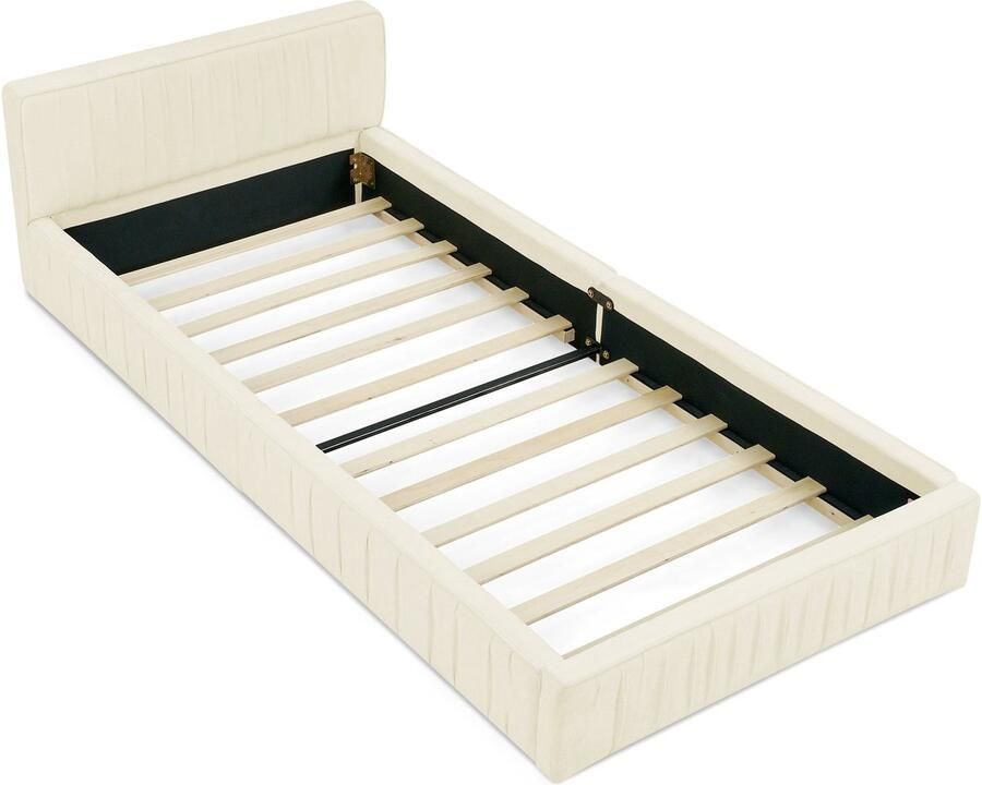 Merax Eenpersoonsbed 90×200 cm – Kinderbed en Logeerbed – Chenille Stoffering – Eucalyptus Hout en Stalen Frame – Beige – Zonder Matras