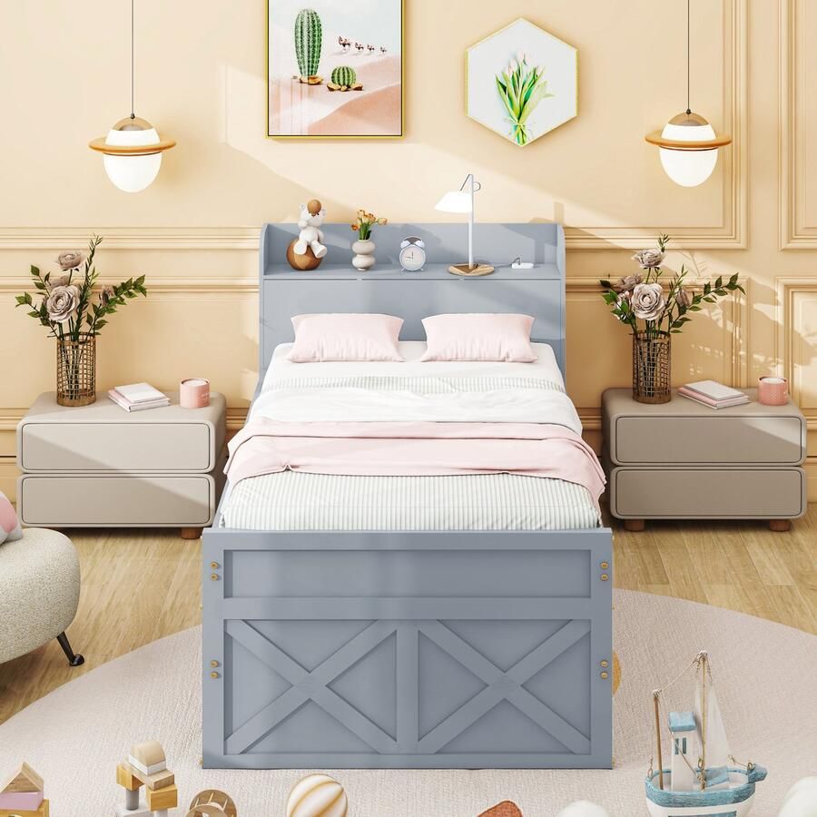 Merax Eenpersoonsbed 90x190 cm met uitschuifbaar bed lades opbergruimte en USB-aansluiting grijs zonder matras