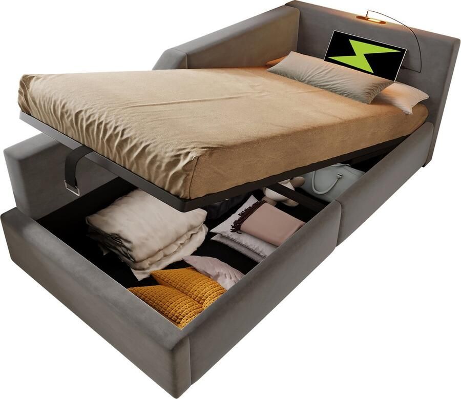 Merax Gestoffeerd Eenpersoonsbed 90x190 cm met USB-C Aansluiting en LED Leeslamp Logeerbed met Hydraulische Opbergruimte Grijs Fluwelen Stof - Foto 2