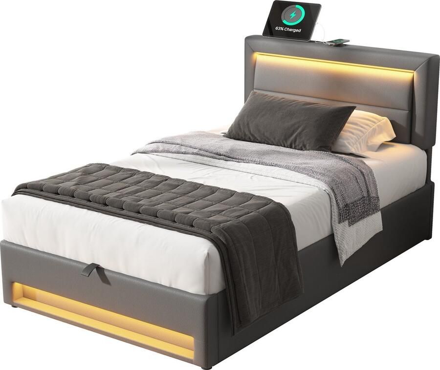 Merax Eenpersoonsbed 90x190 cm met USB en Draadloos Opladen – Gestoffeerd Bed inclusief LED Verlichting met Afstandsbediening en Hydraulisch Opbergruimte – Grijs Kunstleer