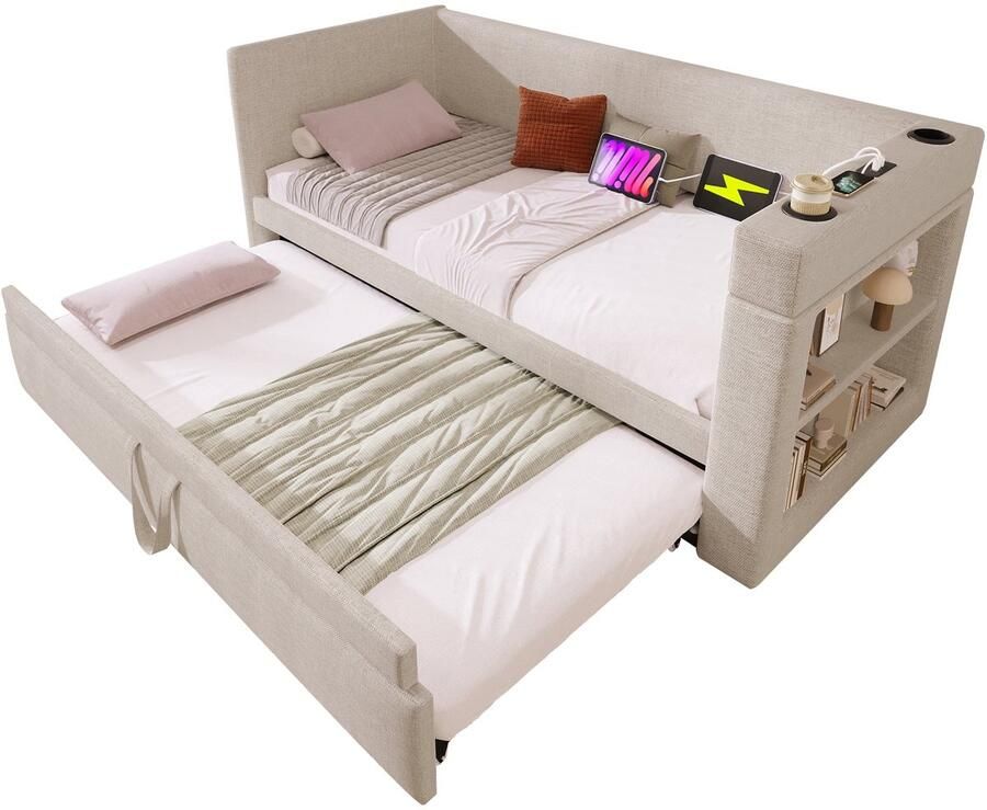 Merax Eenpersoonsbed 90x190 cm Uitschuifbaar tot Tweepersoonsbed 180x190 cm – Slaapbank met USB-C en Bekerhouders – Beige