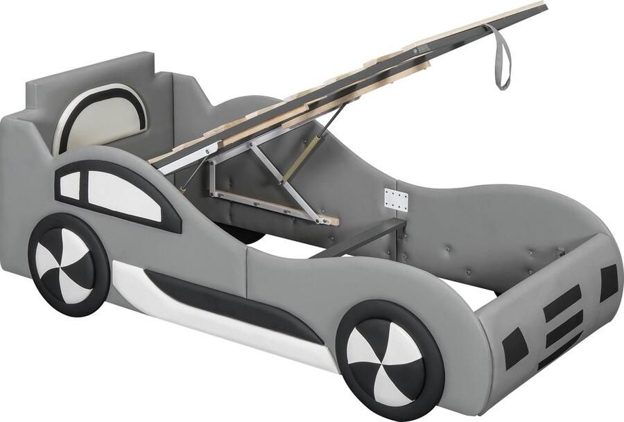 Merax Eenpersoonsbed 90x200 cm Autobed Kunstleer Gestoffeerd Kinderbed in Auto Vorm Bed met Hydraulisch Opbergruimte Grijs