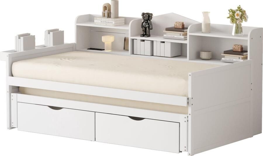 Merax Eenpersoonsbed 90x200 cm Bed met Extra Uitschuifbaar Logeerbed 90x190 cm Houten Bedframe met Opbergruimte en Opberglades Wit