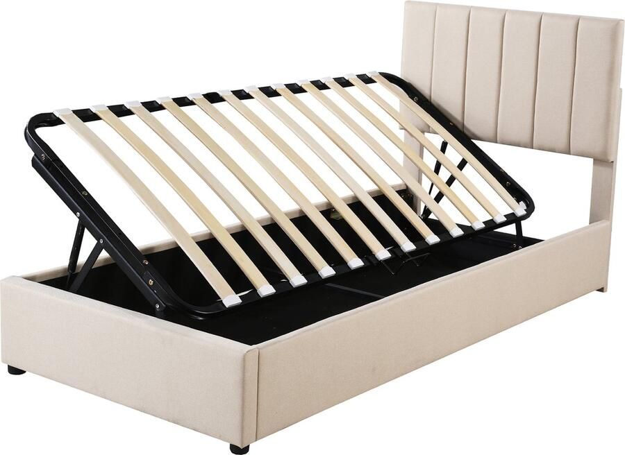 Merax Kinderbed gestoffeerd bed 90x200 cm hydraulisch bed met opbergruimte huidvriendelijk linnen hoge bedstee beige