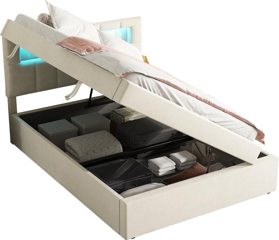 Merax Eenpersoonsbed 90x200 cm – Beige Velvet Bed met LED Verlichting – Verstelbaar Hoofdbord – Hydraulisch Opbergruimte