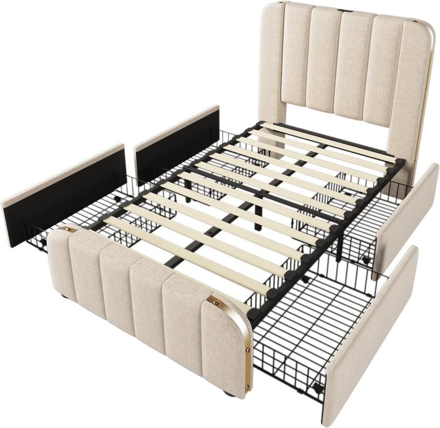 Merax Eenpersoonsbed 90x200 cm Gestoffeerd Bed met Hoofdbord en Gouden Accenten USB Typ-C Oplaadfunctie 4 Schuiflades Inclusief Matras Beige Linnen