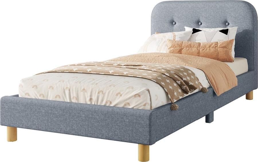 Merax EenpersoonsBed 90x200 cm Gevlochten Bed Eenpersoonsbed (zonder matras) Linnen Minimalistisch Grijs