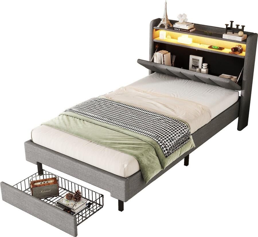 Merax gestoffeerd bed 90x200 cm – grijs flatform bed met LED warmtelamp USB-aansluiting opklapbaar hoofdbord en ingebouwde opberglades