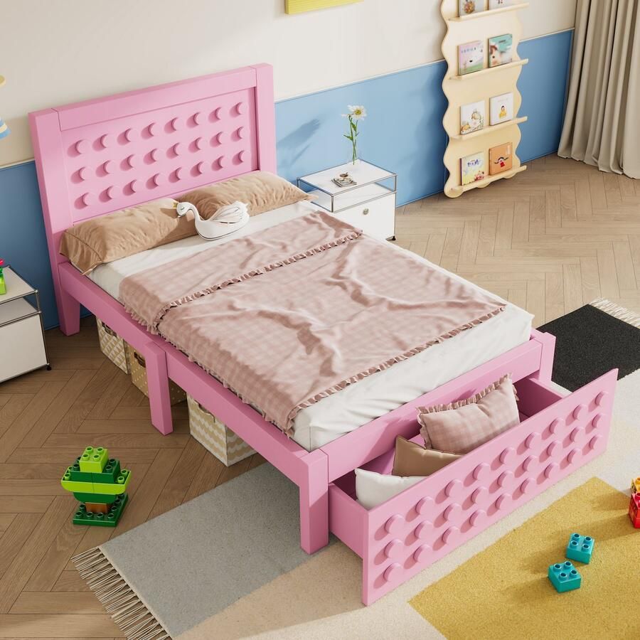 Merax Eenpersoonsbed 90x200 cm in hout kinderbed jeugdbed massief houten bedframe met lades en opbergruimte onder het bed roze geen matras