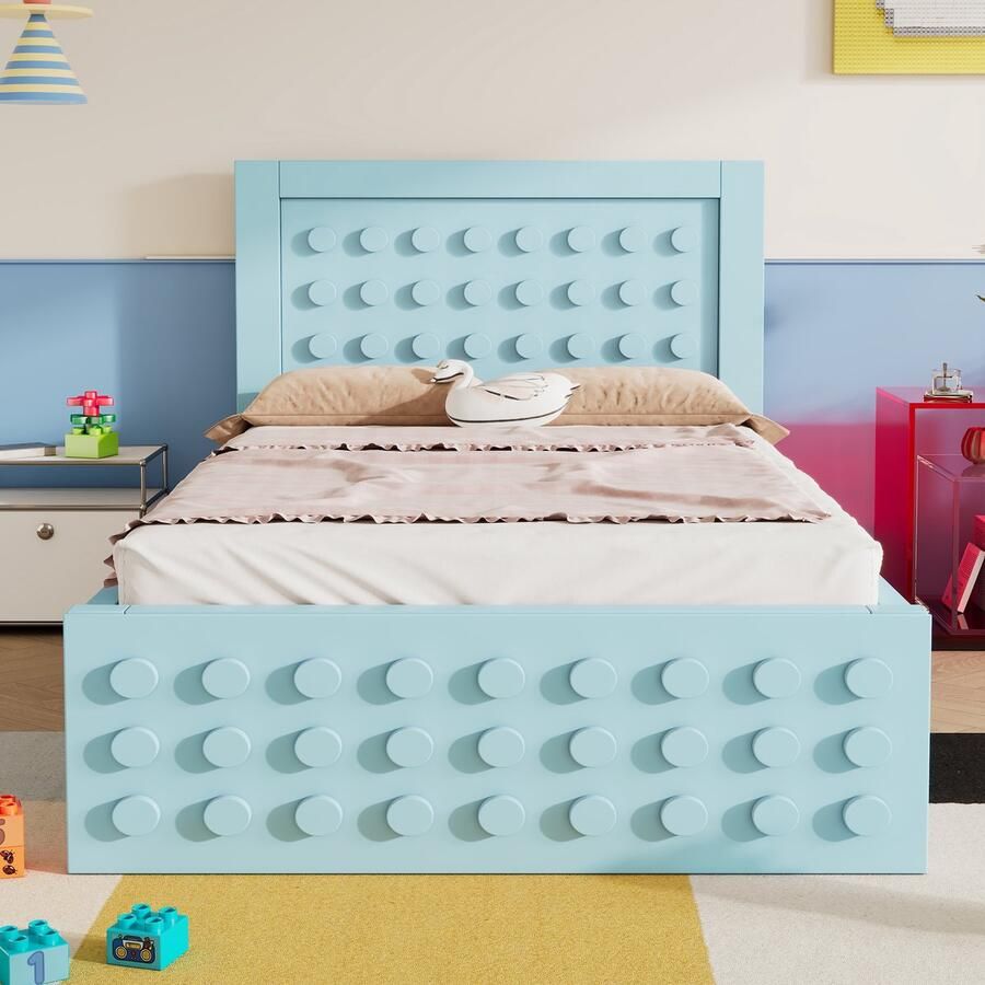 Merax Eenpersoonsbed 90x200 cm in hout kinderbed jeugdbed massief houten bedframe met lades en opbergruimte onder het bed blauw geen matras