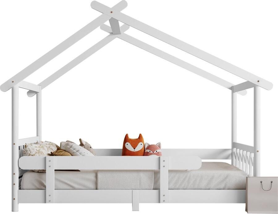 Merax Eenpersoonsbed 90x200 cm in Huisvorm Kinderbed met Uitvalbeveiliging Houten Bed Wit