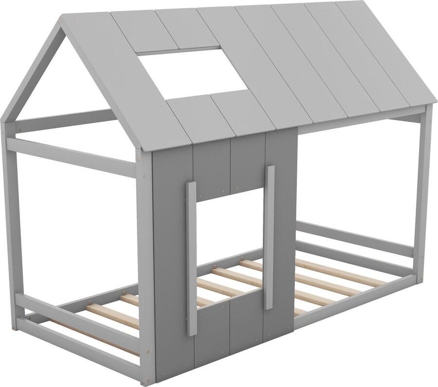 Merax Kinderbed 90x200 cm in Huisvorm Enkel Bed met Dak en Raam Kiefern Hout Grijs en Lichtgrijs 100 kg Draagcapaciteit - Foto 2