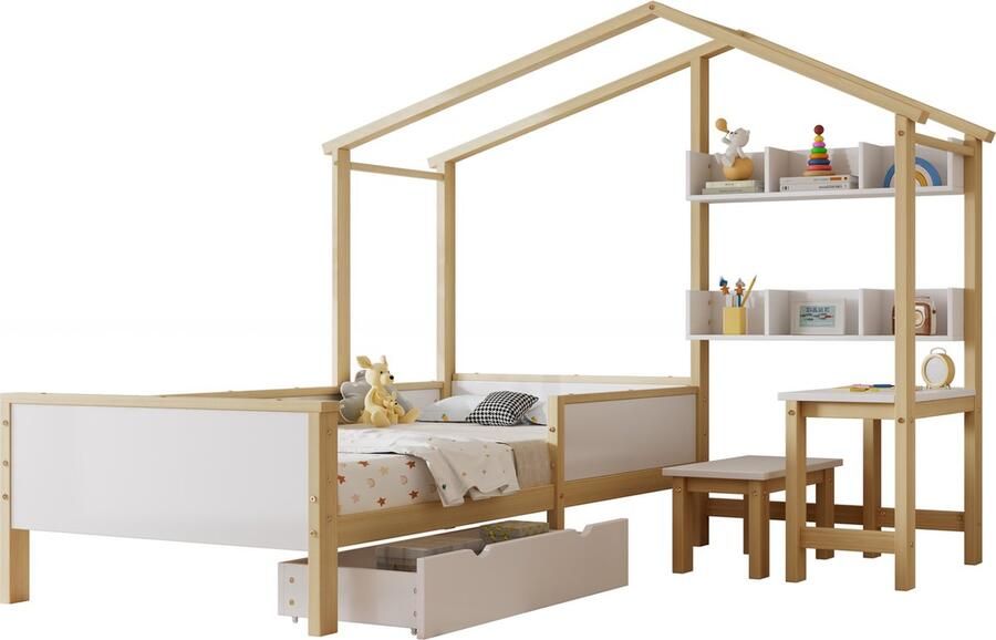 Merax Eenpersoonsbed 90x200 cm Inclusief Bureau met Hocker en Lade Huisbed voor Kinderen Houten Bed met Opbergruimte Wit met Hout Bruin