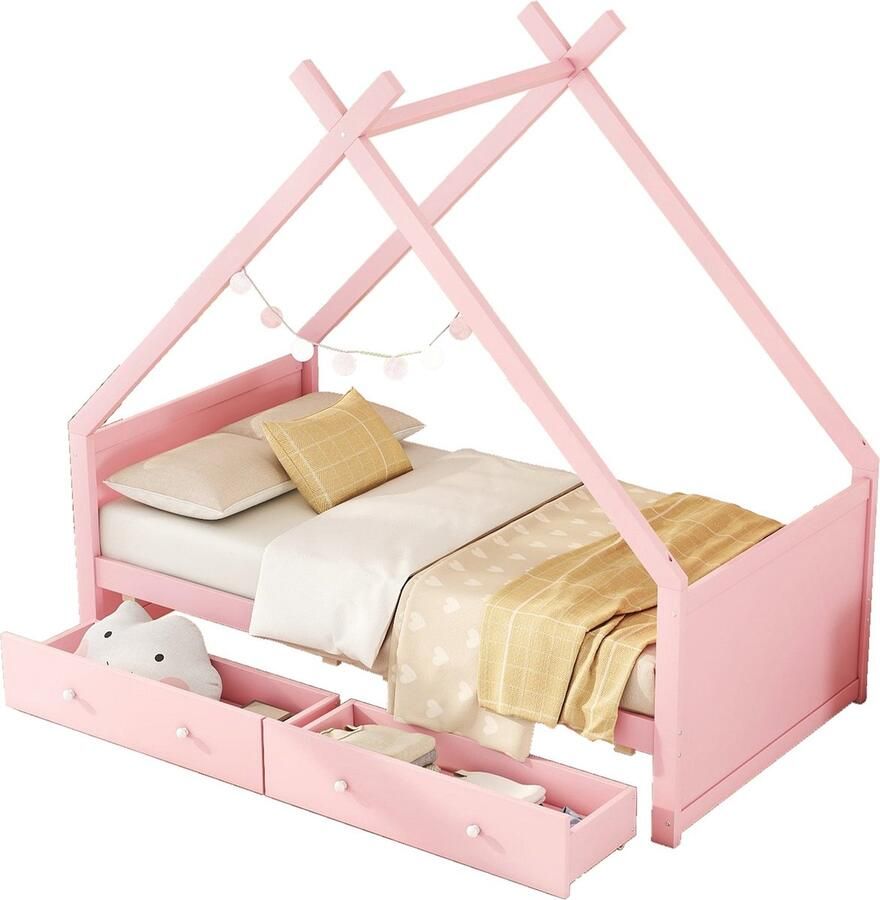 Merax Eenpersoonsbed 90x200 cm met 2 Opberglades Kinderbed in Huisvorm Houten Bed Roze