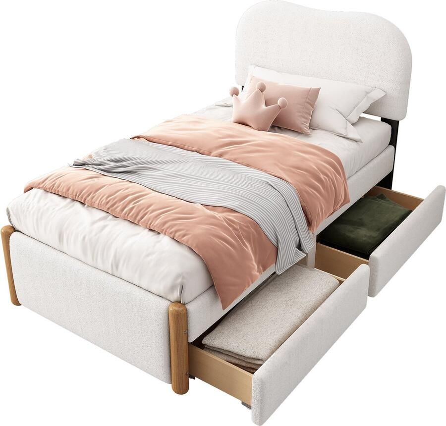 Merax Eenpersoonsbed 90x200 cm met 2 Opberglades Pluche Gestoffeerd Bed voor Kinderen Wit