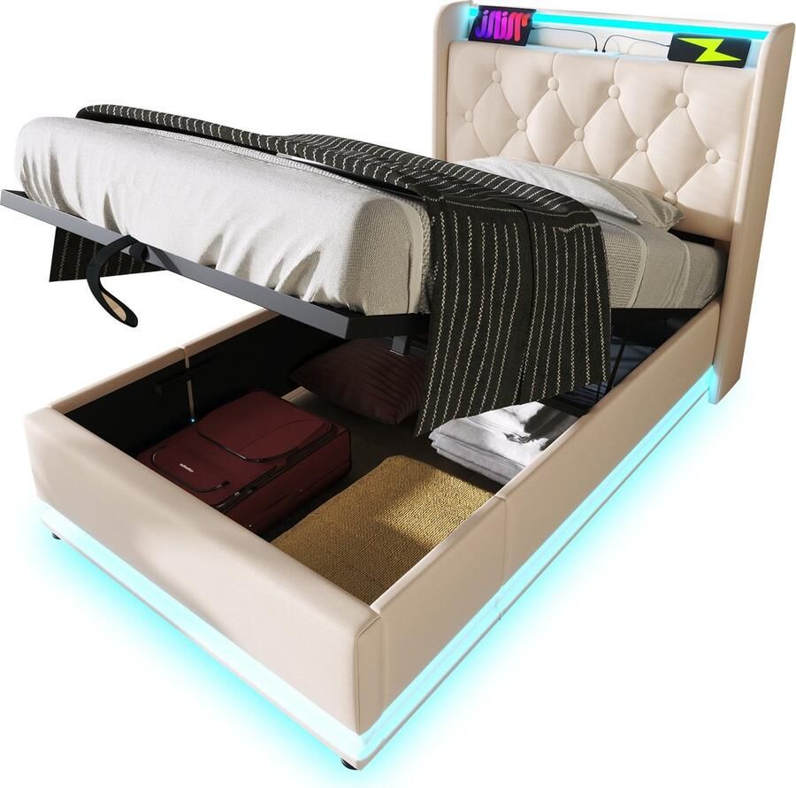 Merax Gestoffeerd Bed met 360° LED Verlichting USB Type-C Oplaadfunctie en Hydraulische Opslag Enkel Bed 90 x 200 cm Wit PU Materiaal Inclusief Matras