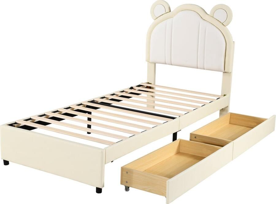 Merax Eenpersoonsbed 90x200 cm met Beren Oren en 2 Lades Kunstleer Gestoffeerd Berenvorm Bed voor Kinderen Beige