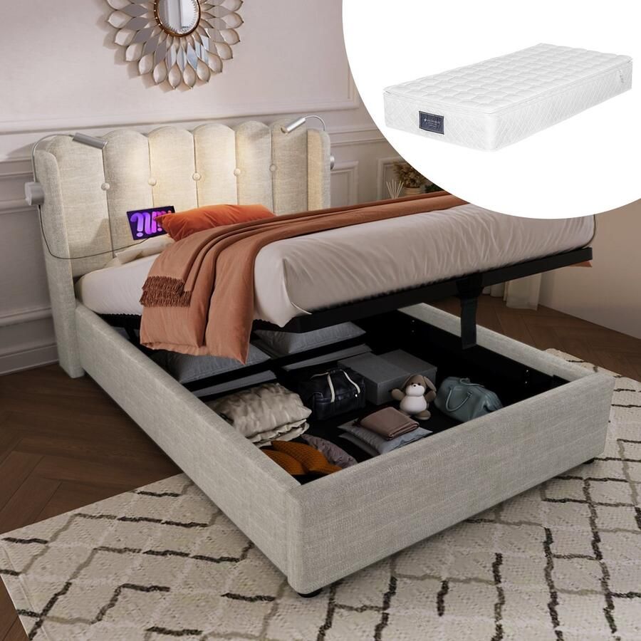 Merax Gestoffeerd Eenpersoonsbed 90x200 cm met Leeslamp USB Oplaadfunctie en Opbergruimte Beige Linnen Inclusief Matras Verstelbaar Hoofdbord en Lattenbodem